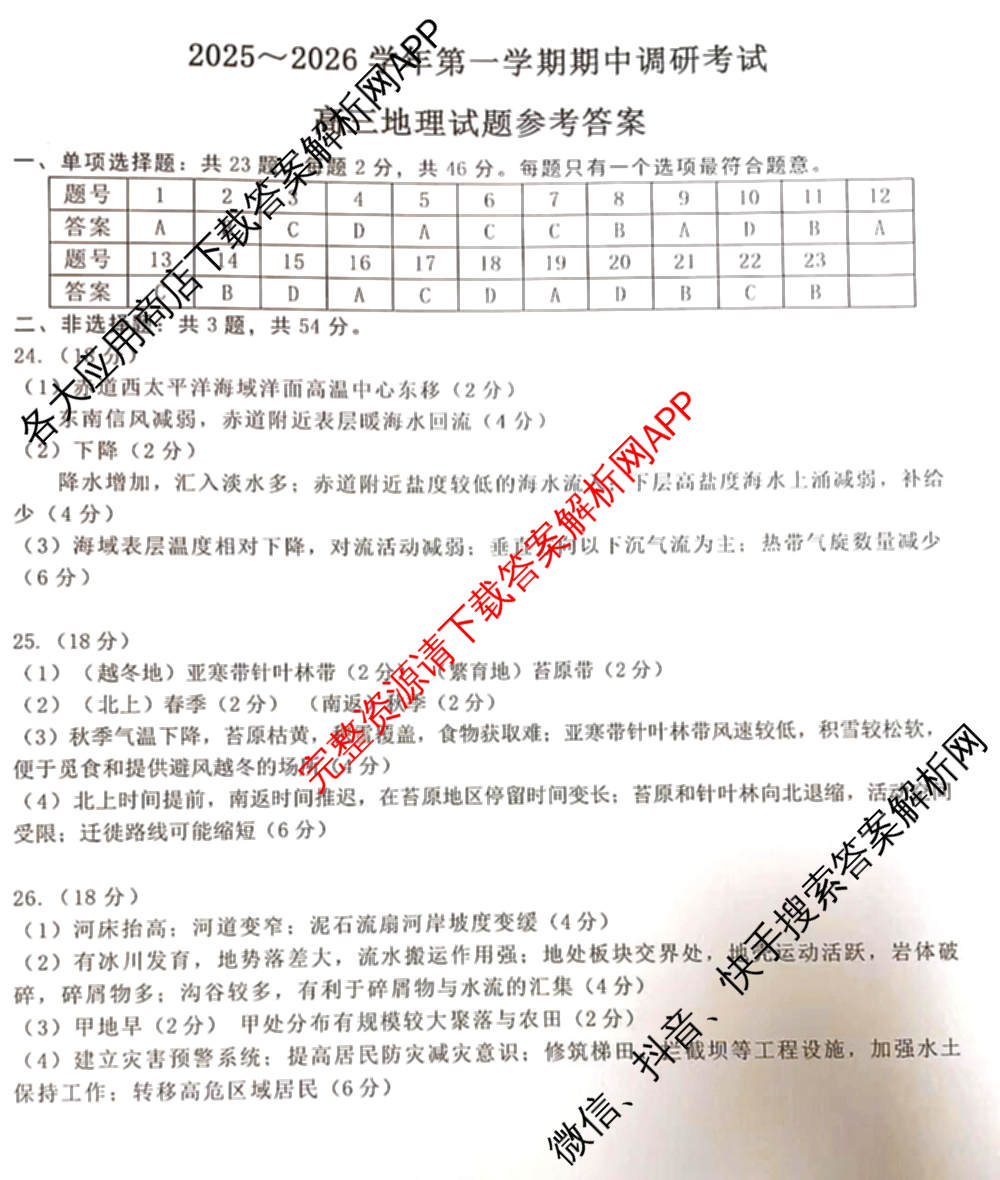 连云港2025~2026学年第一学期期中调研考试高三（含化学 语文 英语等）地理答案