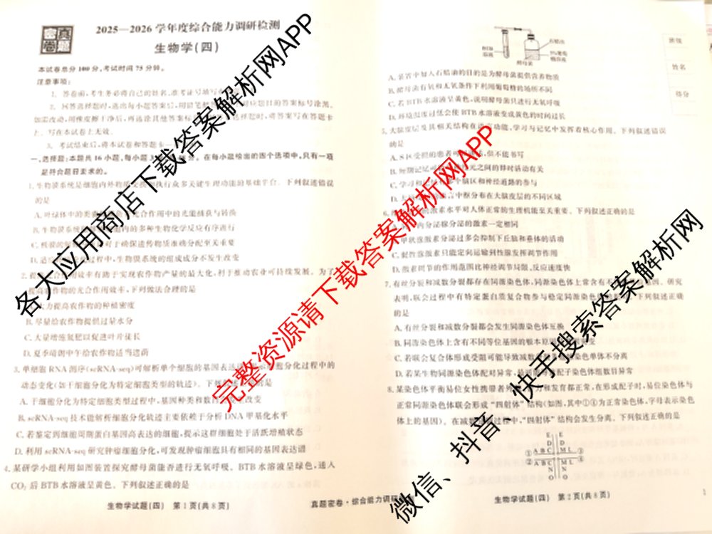 衡水真题密卷2025-2026学年度综合能力调研检测(四)4各科答案及试卷(已更新化学(2)、历史(1)、生物(2)等14份)生物试题
