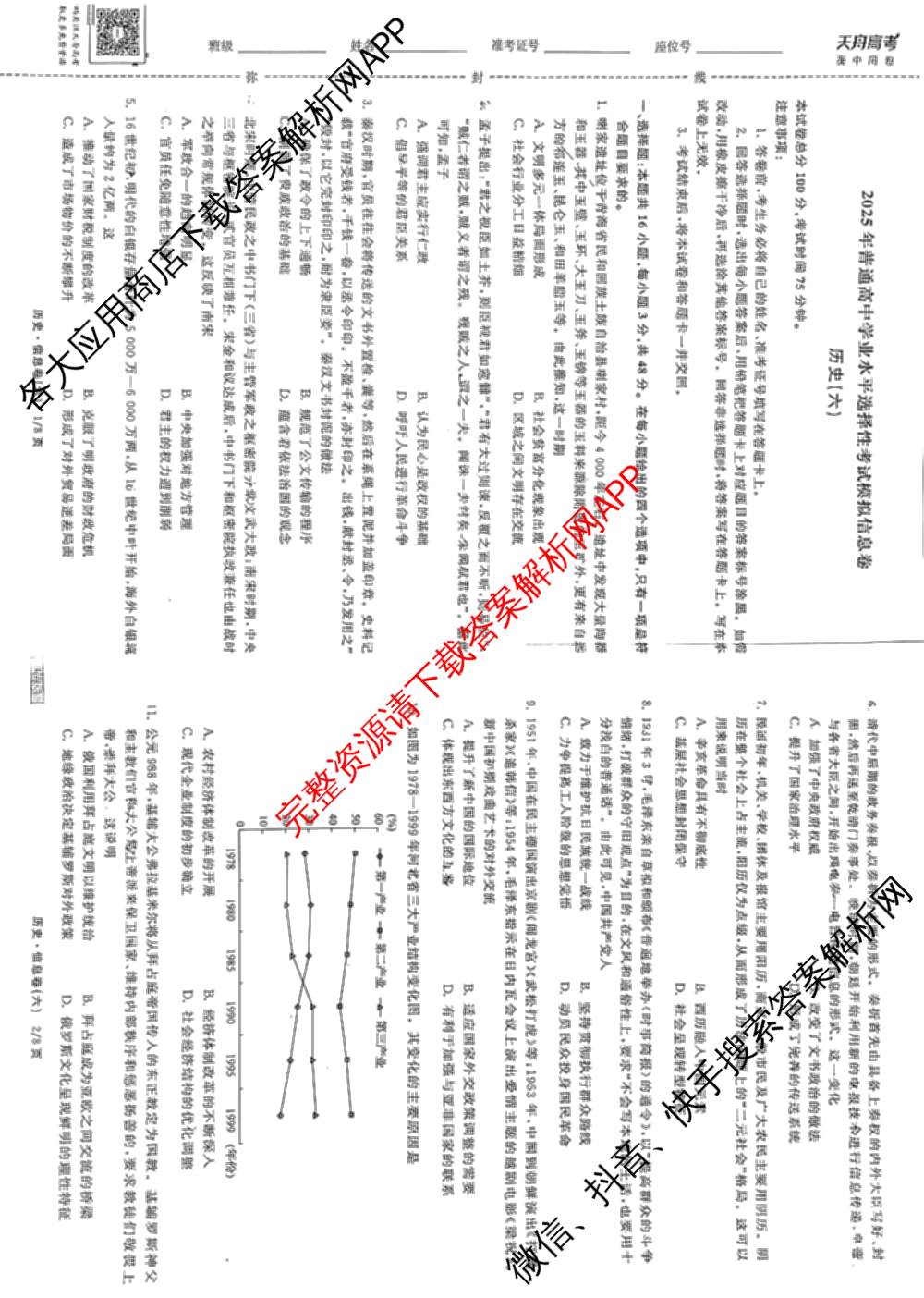 天舟高考衡中同卷2025年普通高等学校招生全国统一考试模拟信息卷(六)6（含数学(A) 理综(XJ专版) 语文(A)等）历史试题