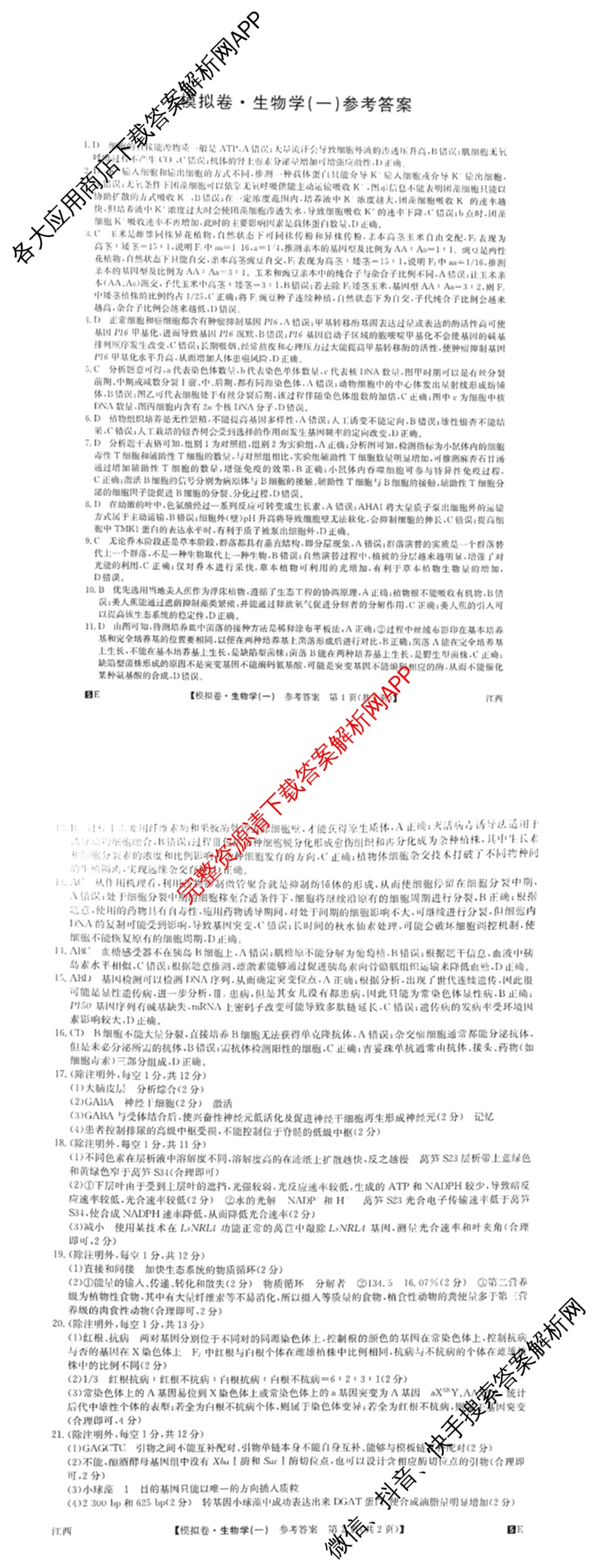 2025年全国高考仿真模拟卷(一)1（含生物(G2) 化学(G1) 历史(江西)等）生物答案