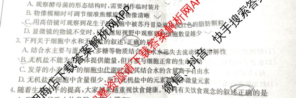 三晋卓越联盟2025~2026学年高一11月期中提升考(26-X-128A)各科答案及试卷（含物理(A卷) 物理(B卷) 英语等17份）生物试题