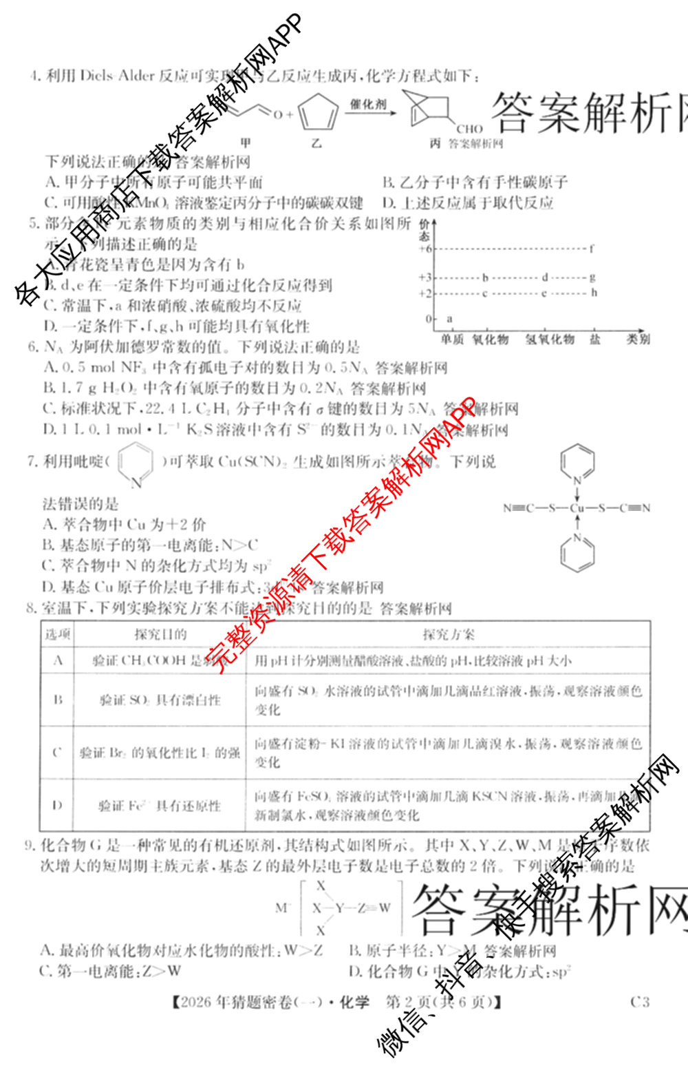 2026年普通高等学校招生全国统一考试猜题密卷(一)1(已更新物理(C1)、化学(C3)、政治(ZZ)等11份)化学试题