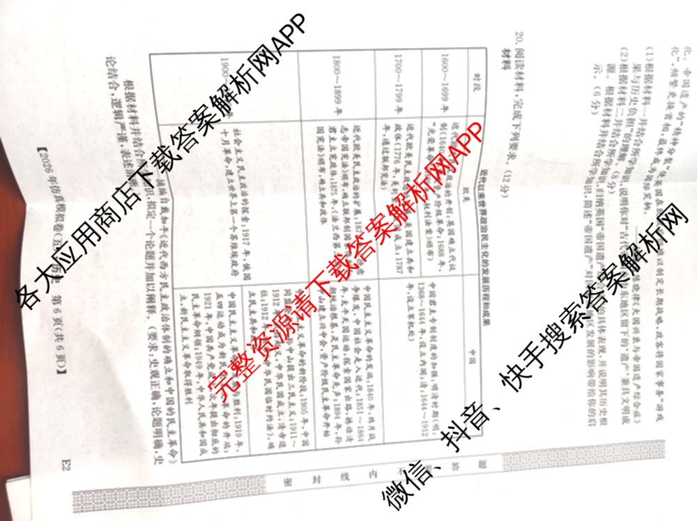 2026年全国高考仿真模拟卷(五)5各科答案及试卷（含物理(湖北)、生物(E3)、政治(E2)等）历史试题