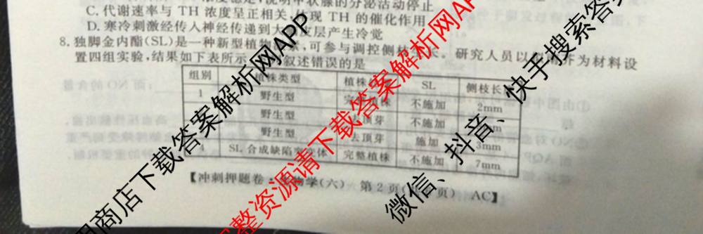 2026普通高等学校招生全国统一考试冲刺押题卷(六)6（含语文 历史 数学(B L)等）生物试题
