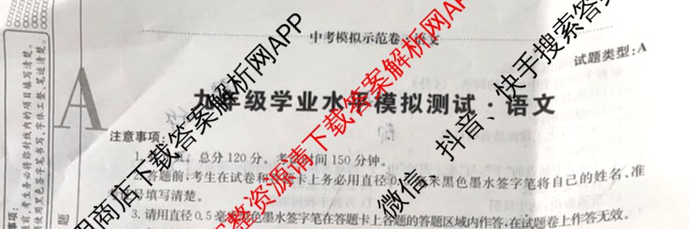 陕西省2024届九年级学业水模拟测试(A)[MNZX G SX]试卷及答案汇总（含化学、语文、物理等）语文试题