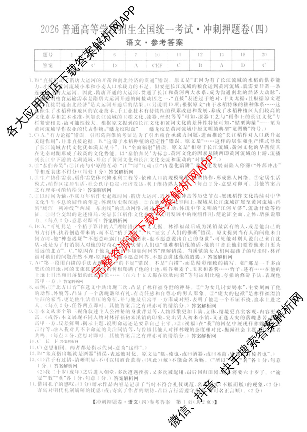 2026普通高等学校招生全国统一考试冲刺押题卷(四)4（含化学、地理(HNY)、物理等）语文答案