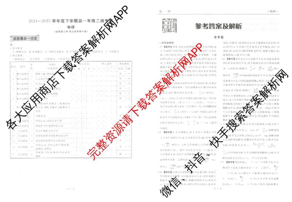 衡水金卷先享题月考卷2024-2025学年度下学期高一年级二调考试试卷及答案汇总（含政治 物理 历史等）物理答案