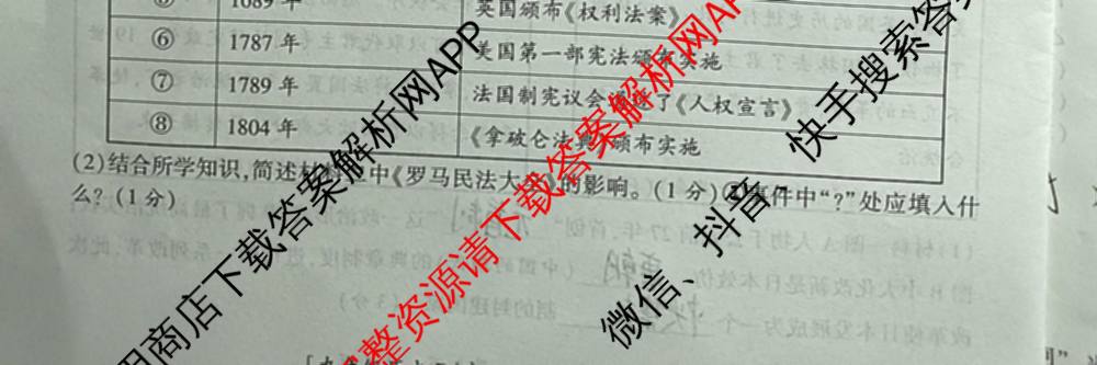 陕西省2025~2026学年度第一学期第四阶段学业调研[试卷类型:D]九年级试卷及答案汇总（含历史(部编版) 道德与法治(部编版) 物理等7份）历史试题