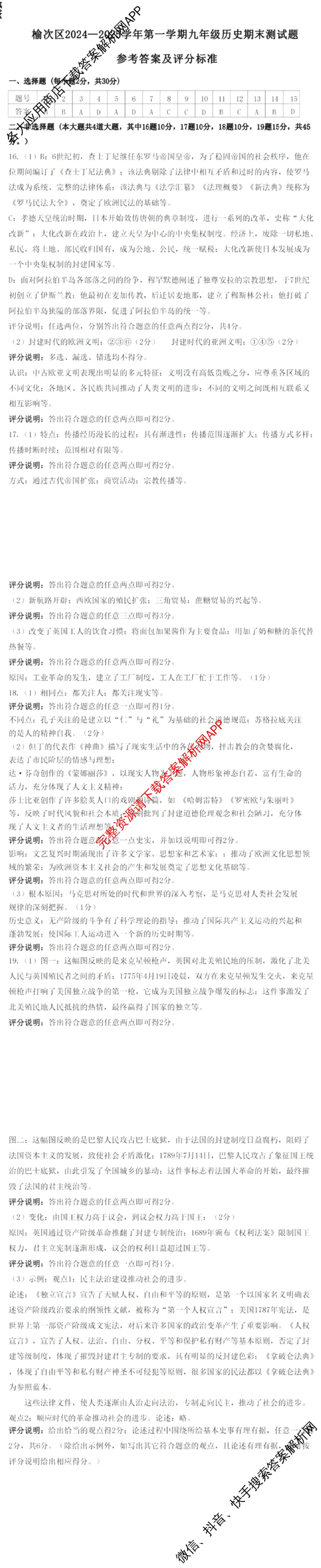 榆次区2024-2025学年九年级第一学期期未学业水平质量监测题(卷)试卷及答案汇总（7科全）历史答案