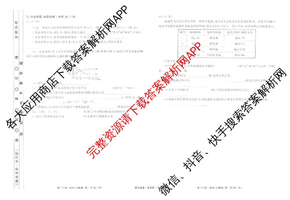 衡水金卷先享题月考卷2024-2025学年度下学期高一年级二调考试试卷及答案汇总（含政治 物理 历史等）化学试题