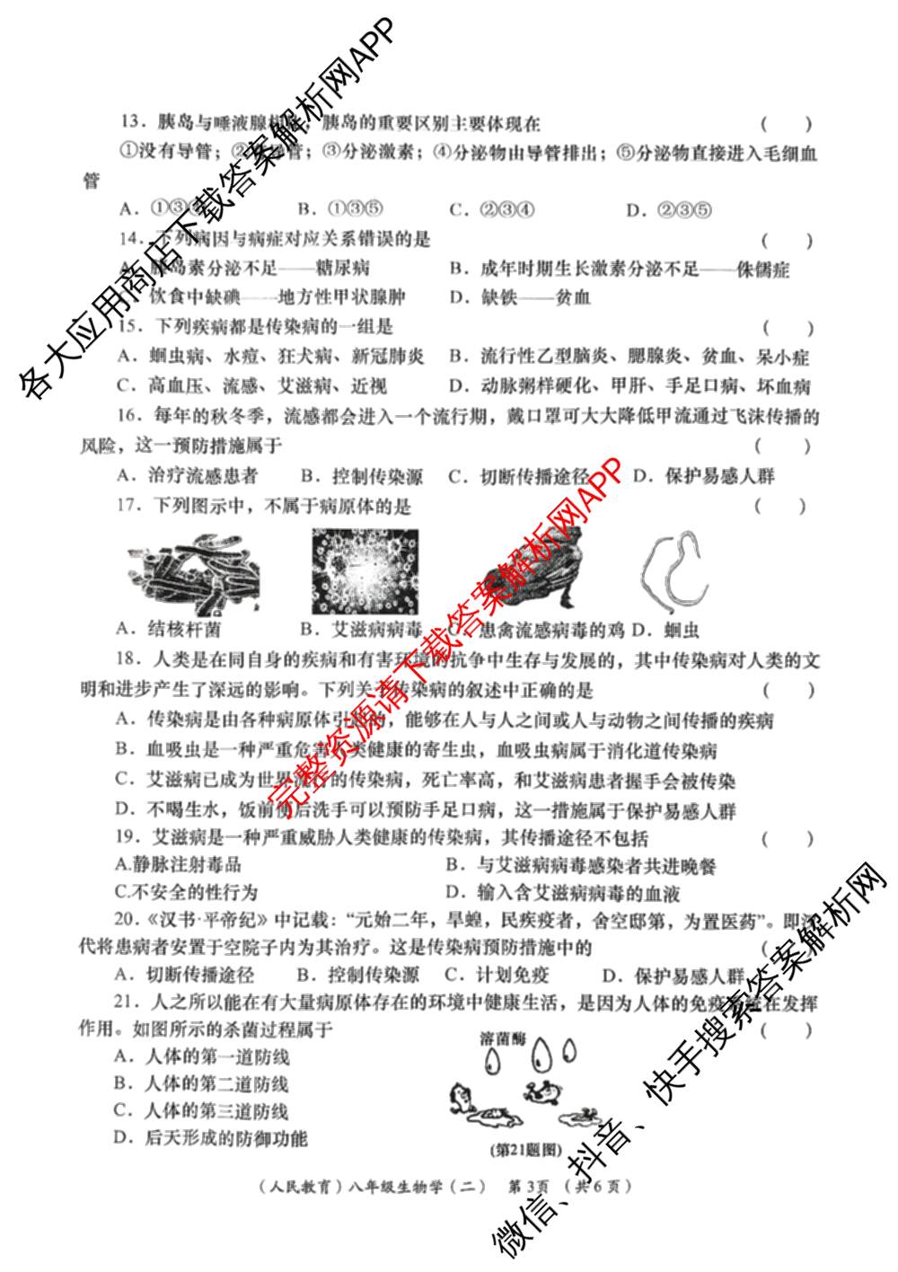 陕西省2025-2026学年度第一学期周期学业能力评鉴(无字母)八年级(二)各科答案及试卷（含历史、数学(北京师大)、地理(人民教育)等）生物试题