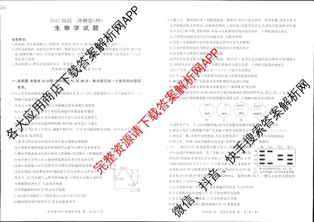 百师联盟2025届高三冲刺卷(四)4试卷及答案汇总（39科全）生物试题