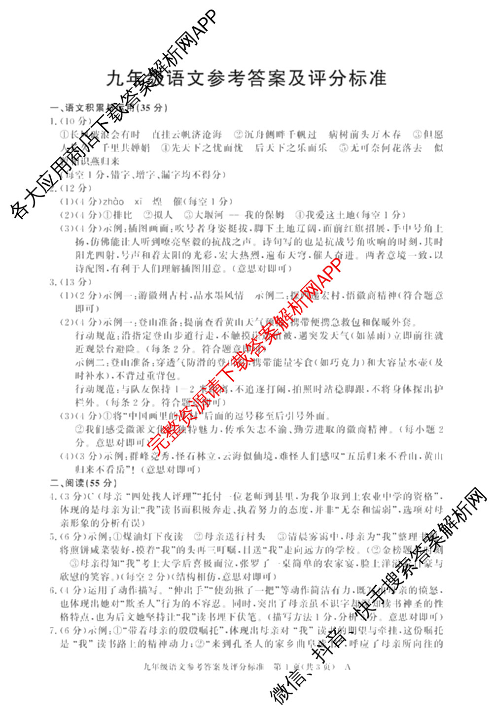 安徽省2025-2026学年九年级上学期期中教学质量调研A卷(无标题)(11.6-7)各科答案及试卷（14科全）语文答案
