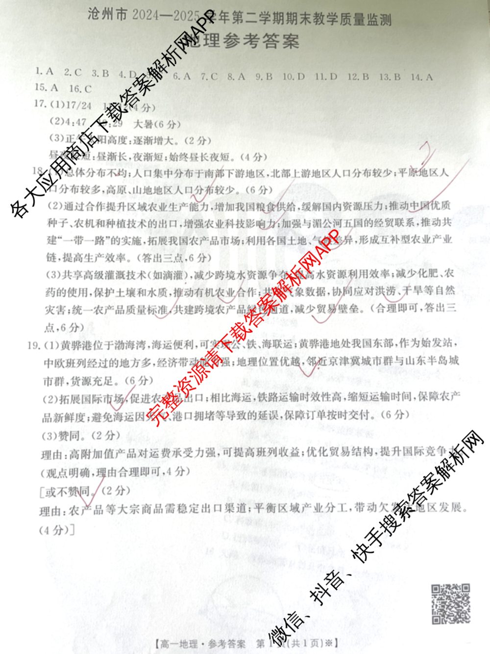 河北省沧州市2024-2025学年第二学期期末教学质量监测高一（9科全）地理答案