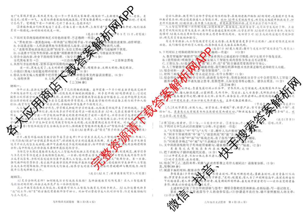 安徽省蒙城县2025-2026学年度第一学期第三次质量检测试卷九年级试卷及答案汇总（7科全）语文试题