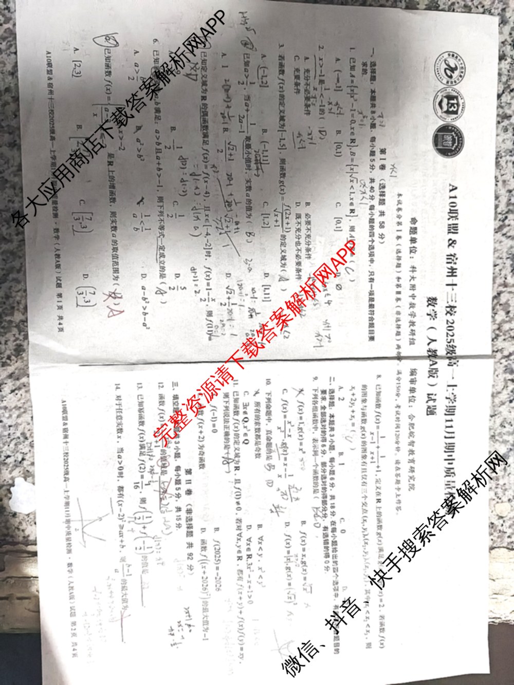 A10联盟&宿州十三校2025级高一上学期11月期中质量检测试卷及答案汇总（19科全）数学试题