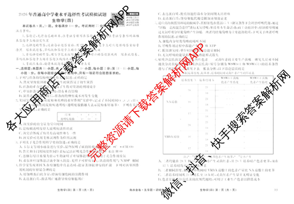 衡水金卷先享题调研卷2026年普通高等学校招生全国统一考试模拟试题(四)4(已更新生物(山东专版) 理综 历史(JS)等91份)生物试题