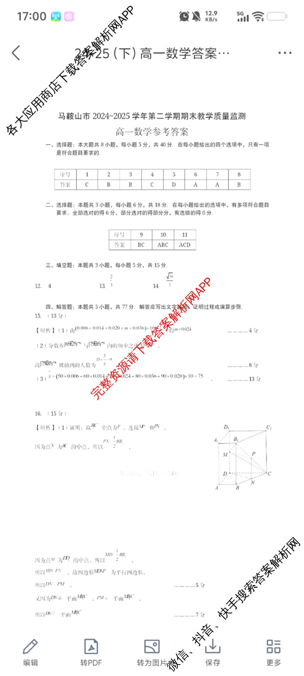 马鞍山市2024~2025学年第二学期期末教学质量监测高一各科答案及试卷: 含英语、地理、物理试卷解析数学答案