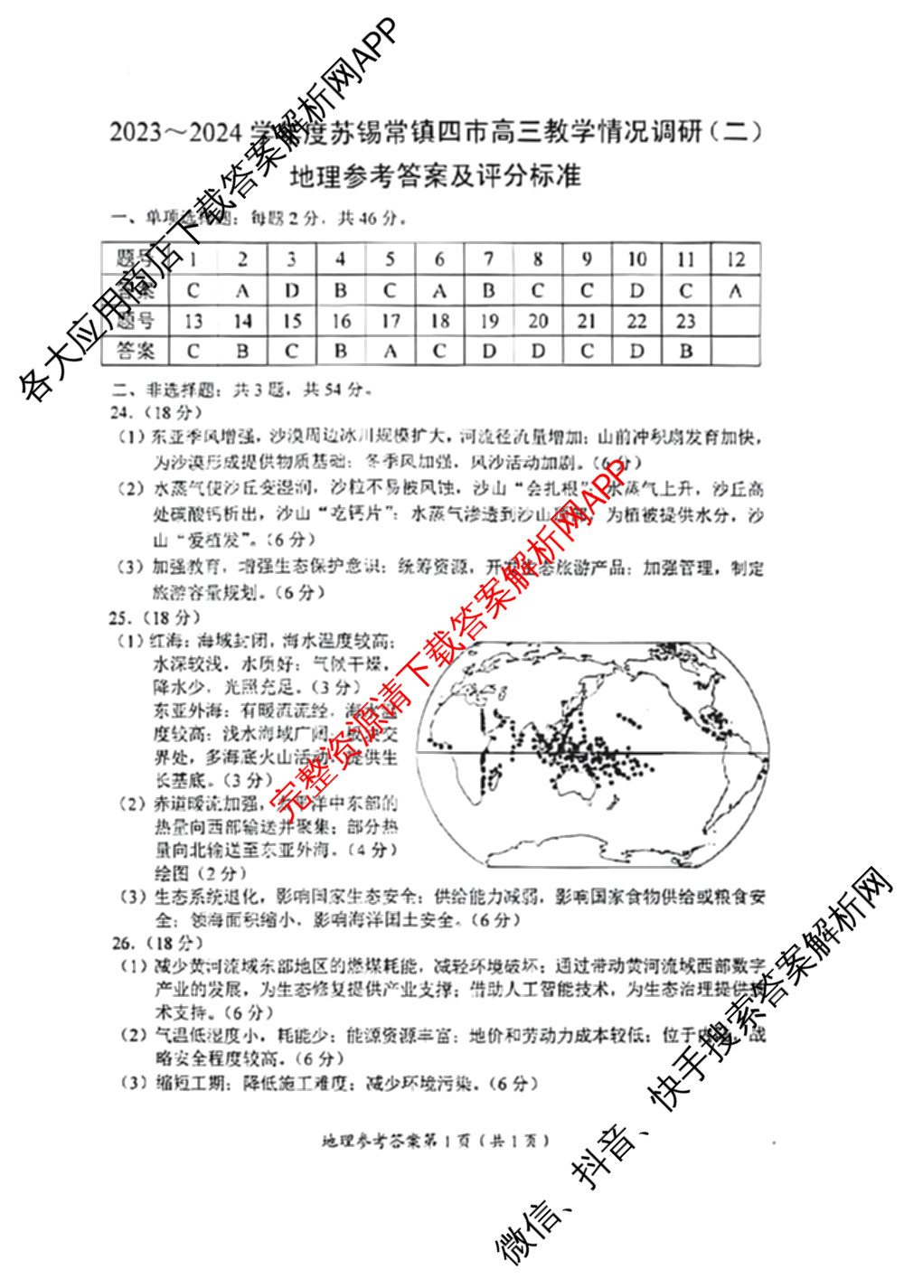 2023-2024学年度苏锡常镇四市高三教学情况调研(二)（含化学、地理、物理等）地理答案