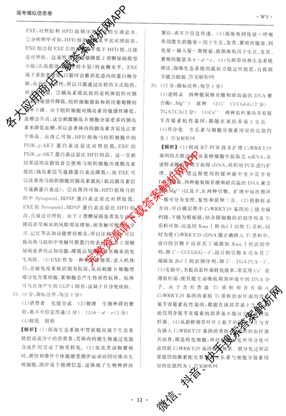 天舟高考衡中同卷2026年普通高等学校招生全国统一考试模拟信息卷(三)3(已更新化学(WG) 地理 生物(WY)等35份)生物答案