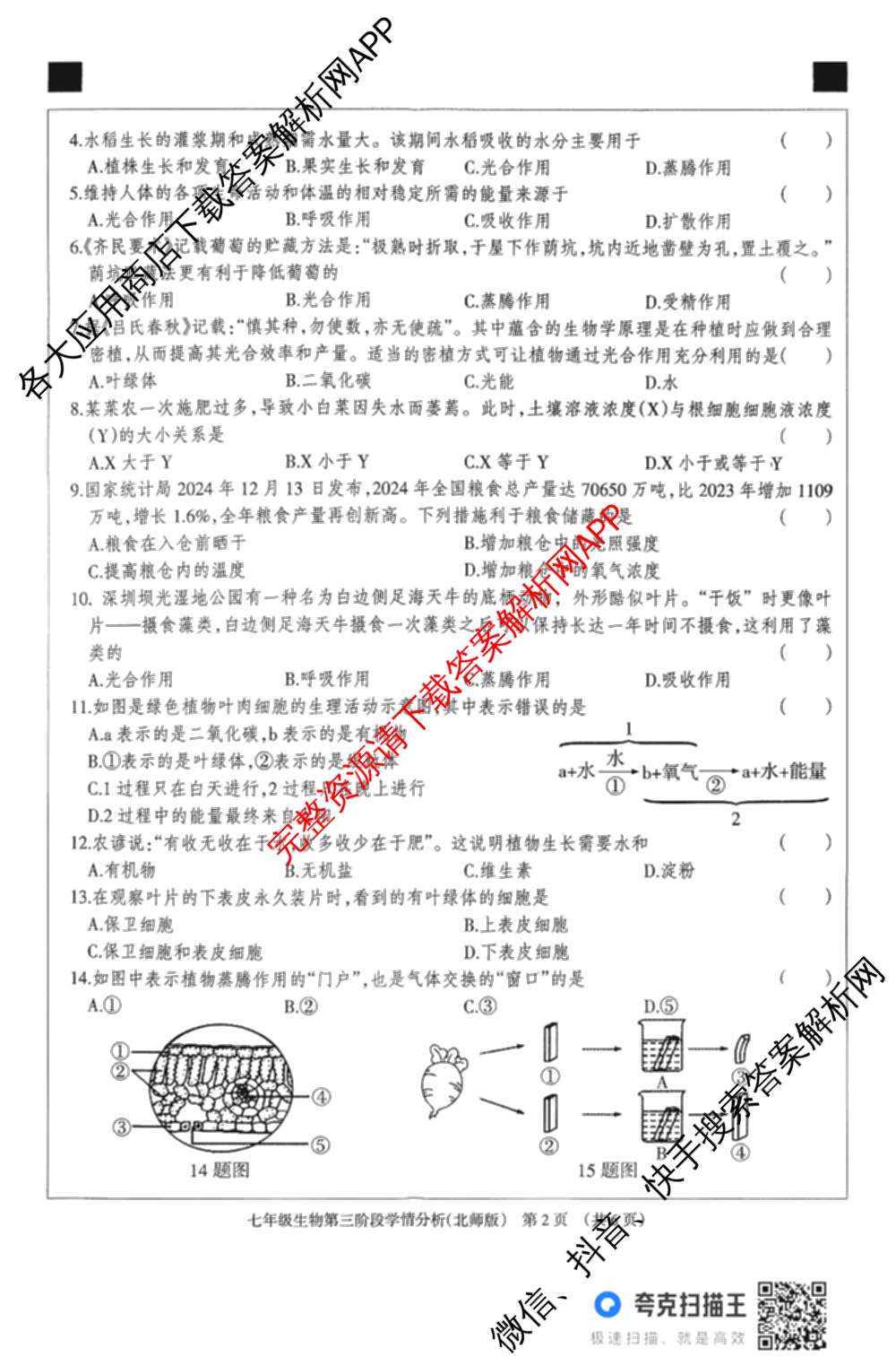 河北省2025-2026学年第一学期七年级第三阶段学情分析试卷及答案汇总（7科全）生物试题