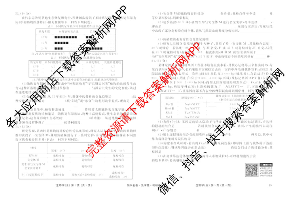 衡水金卷先享题调研卷2026年普通高等学校招生全国统一考试模拟试题(五)5各科答案及试卷（91科全）生物试题