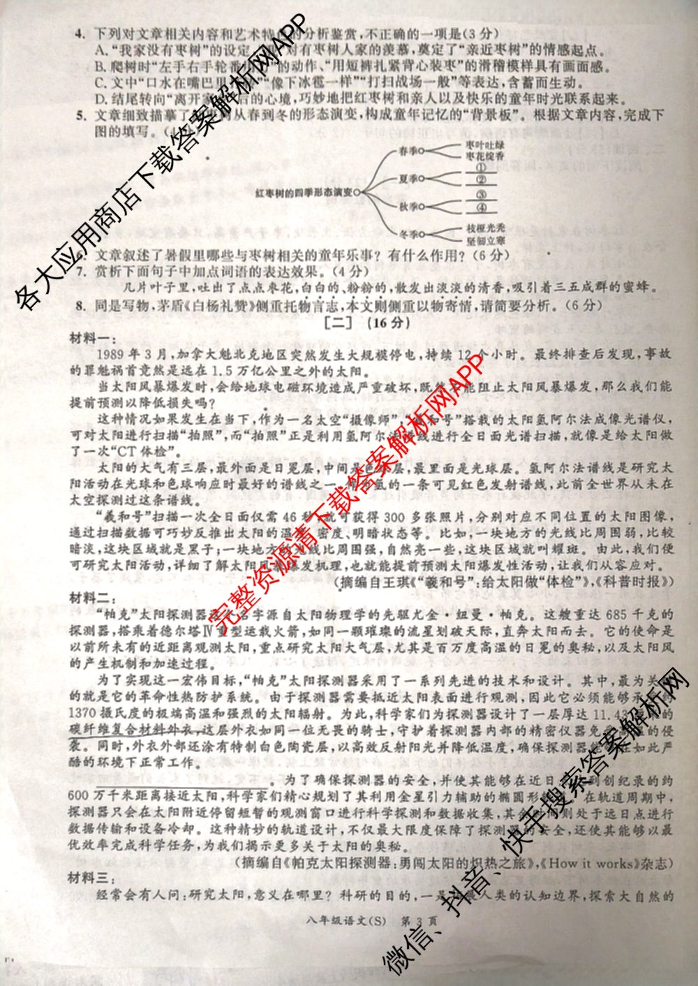 安徽省2025-2026同步达标自主练八年级第三次(S)各科答案及试卷: 含英语 历史 物理(BS)试卷解析语文试题