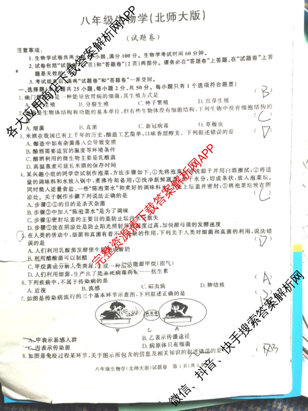 安徽省2025-2026学年八年级上学期期中教学质量调研A卷(11.13-14)试卷及答案汇总（含生物(人教版) 数学(北师大版) 物理(沪粤 版)等20份）生物试题