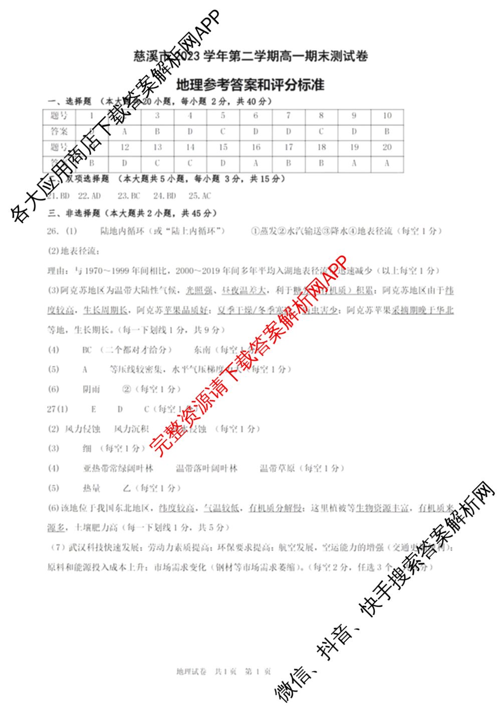 慈溪市2023学年高一第二学期期末考试（含地理 技术 数学等）地理答案