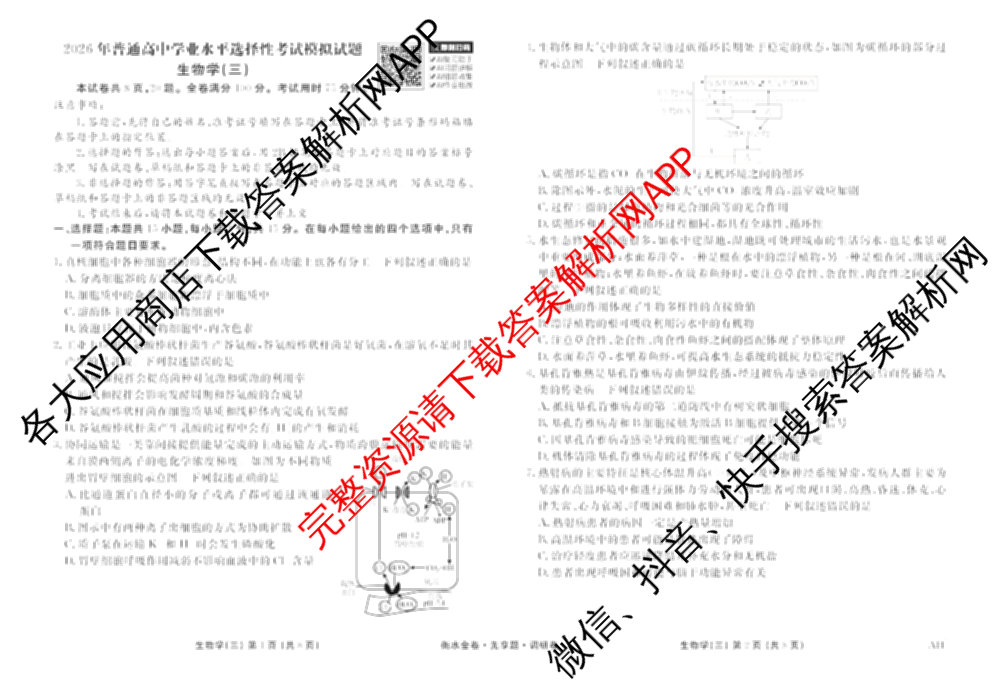 衡水金卷先享题调研卷2026年普通高等学校招生全国统一考试模拟试题(三)3各科答案及试卷(已更新化学(山东专版)、历史(HN)、文综(新教材)等91份)生物试题