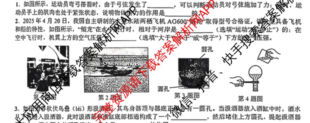 安徽省淮南市大通区2024-2025学年度第二学期八年级学科期末试卷（7科全）物理试题