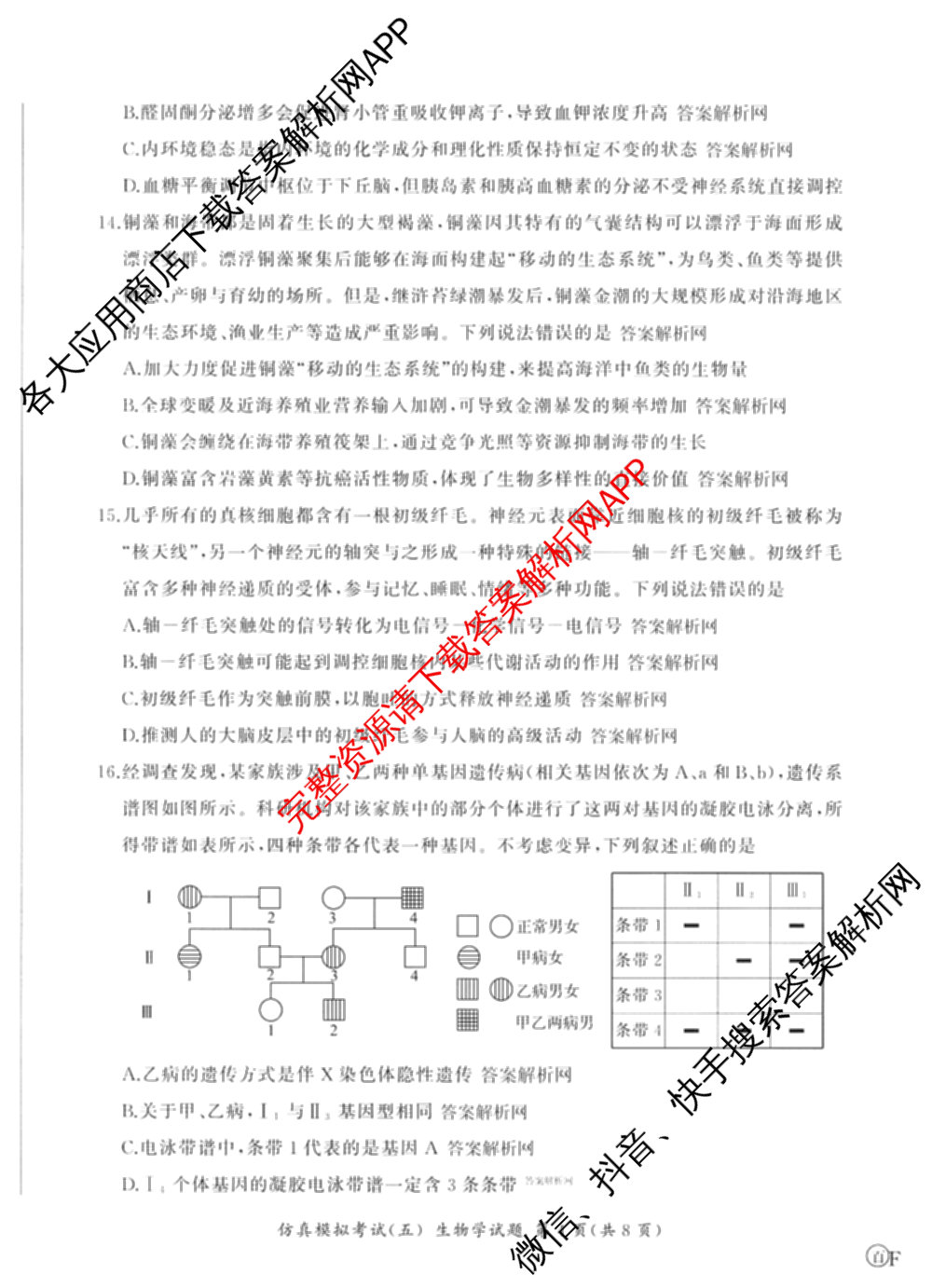 百师联盟2026届高三仿真模拟考试(五)各科答案及试卷（含物理(百E)、数学(百B)、地理(百N)等）生物试题