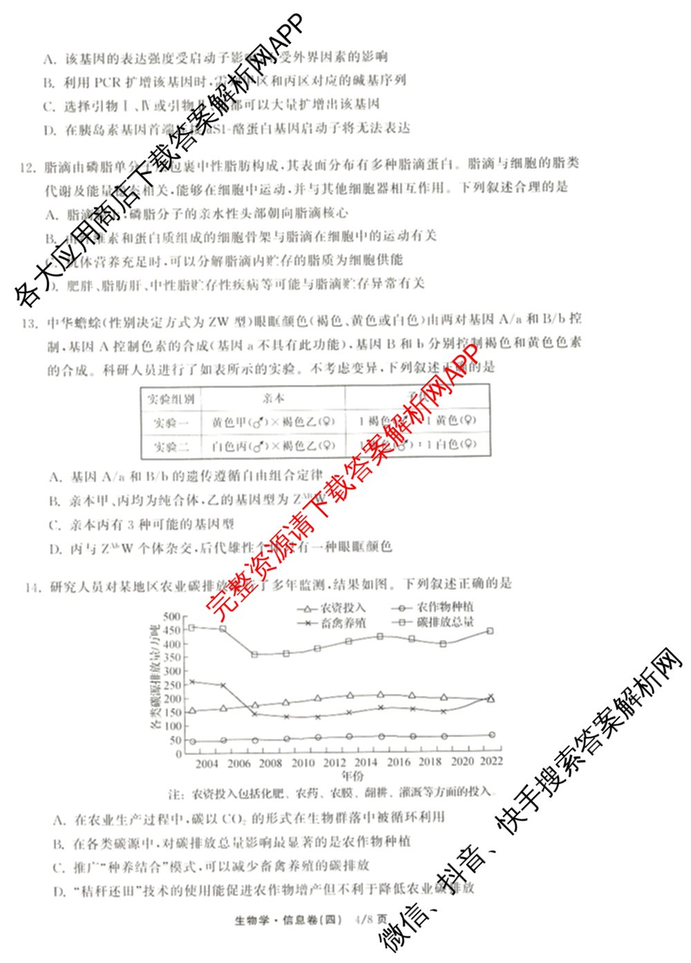 天舟高考衡中同卷2026年普通高等学校招生全国统一考试模拟信息卷(四)4试卷及答案汇总: 含历史(GY) 地理(WY) 理综(新疆版)试卷解析生物试题