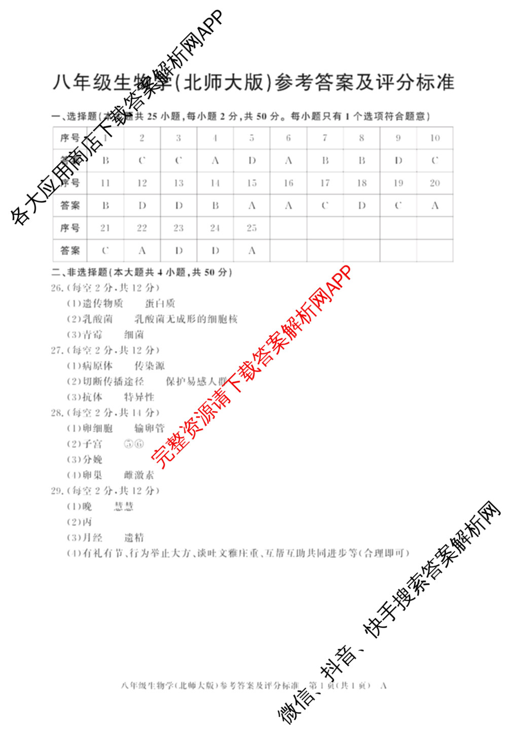 安徽省2025-2026学年八年级上学期期中教学质量调研A卷(11.13-14)试卷及答案汇总（含生物(人教版) 数学(北师大版) 物理(沪粤 版)等20份）生物答案