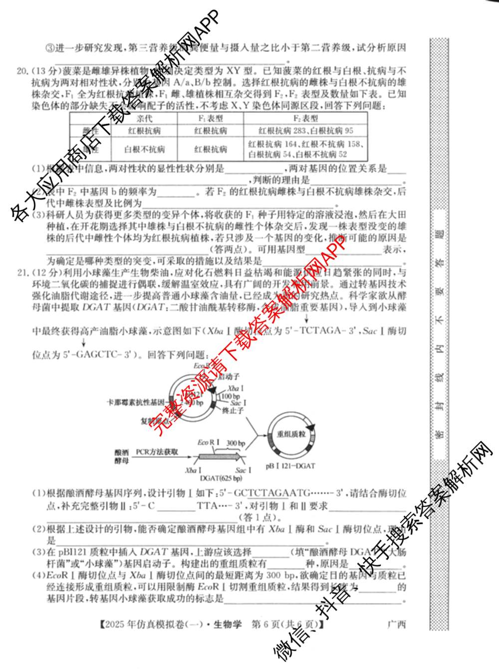 2025年全国高考仿真模拟卷(一)1（含生物(G2) 化学(G1) 历史(江西)等）生物试题