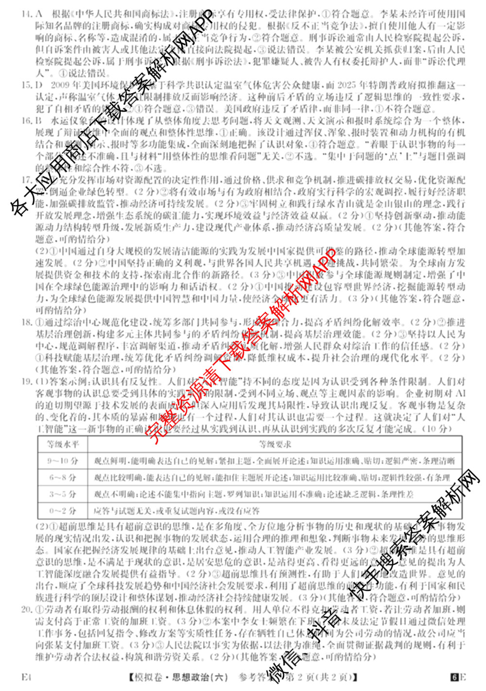 2026年全国高考仿真模拟卷(六)6各科答案及试卷: 含历史(安徽) 政治(广西) 政治(E2)试卷解析政治答案