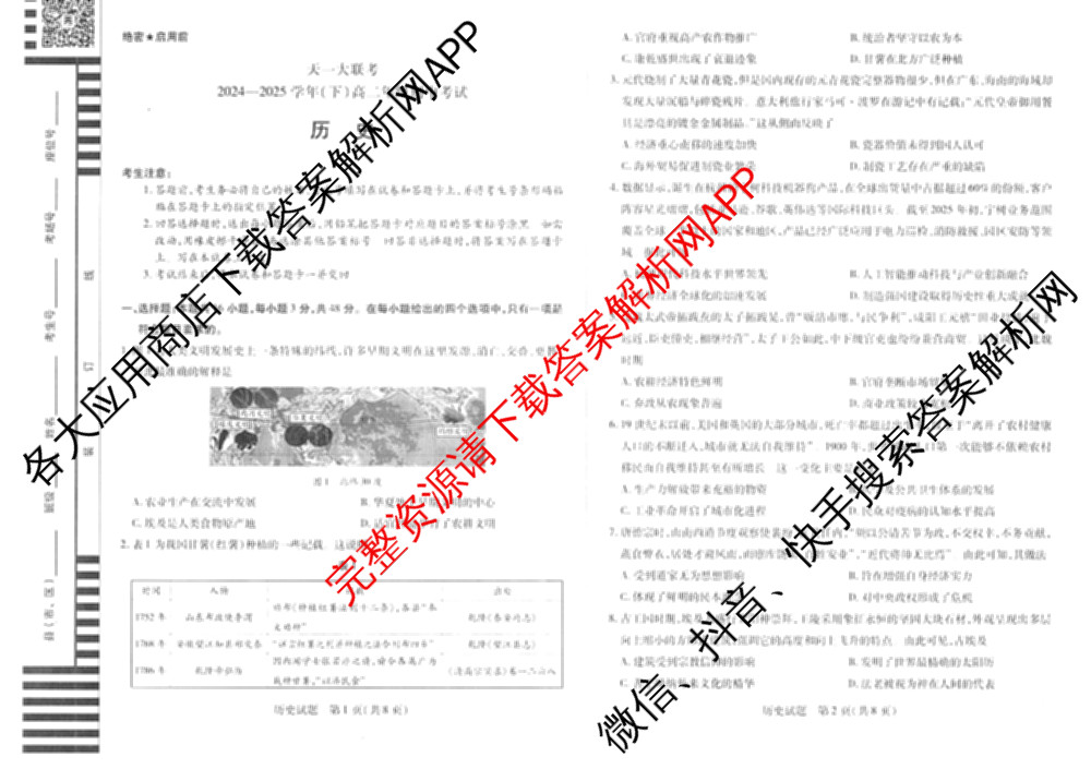 天一大联考2024-2025学年(下)高二年级期中考试各科答案及试卷(已更新数学(北师大版)、政治(B卷)、数学等13份)历史试题