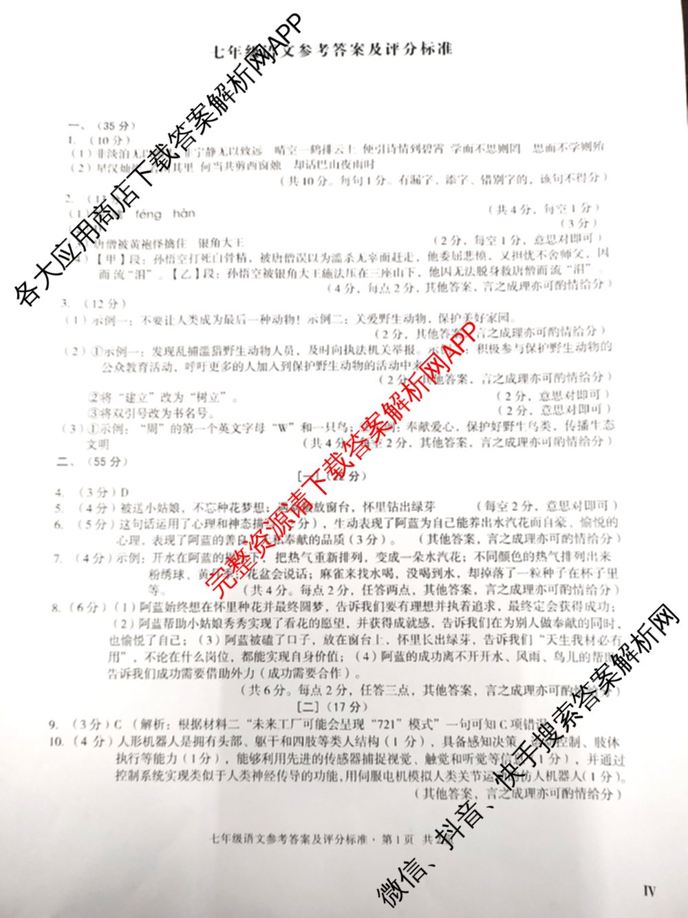 2024-2025学年安徽省七年级教学质量检测四(IV)各科答案及试卷(已更新数学(沪科版) 地理(人教版) 语文等8份)语文答案
