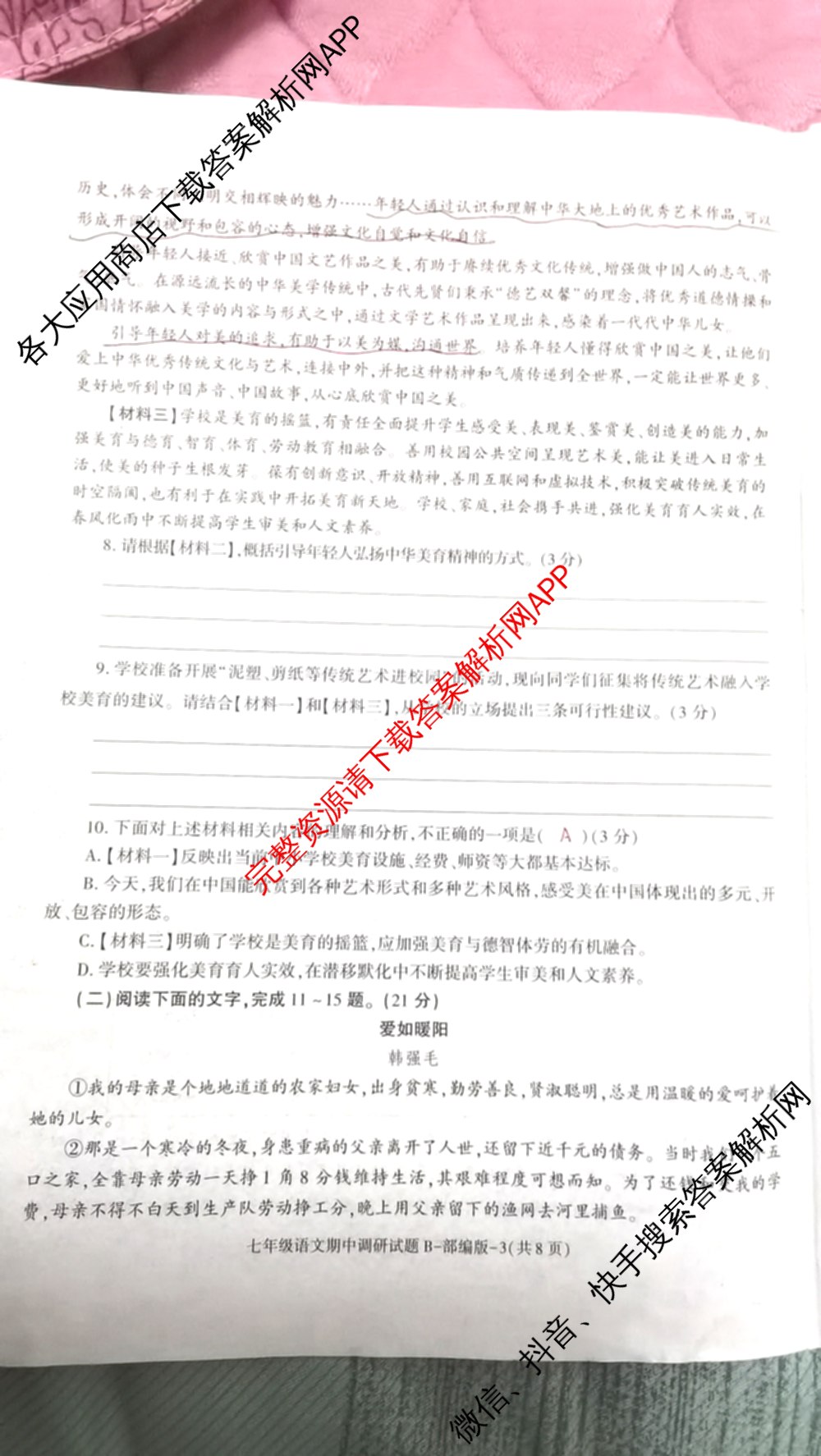 陕西省2024-2025学年度七年级第一学期期中调研试题(卷)试卷及答案汇总（17科全）语文试题