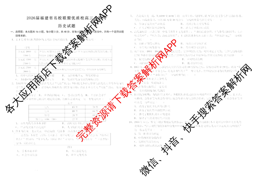 福建名校联盟全国优质校2026届高三二月大联考(2026年2月)试卷及答案汇总（9科全）历史试题