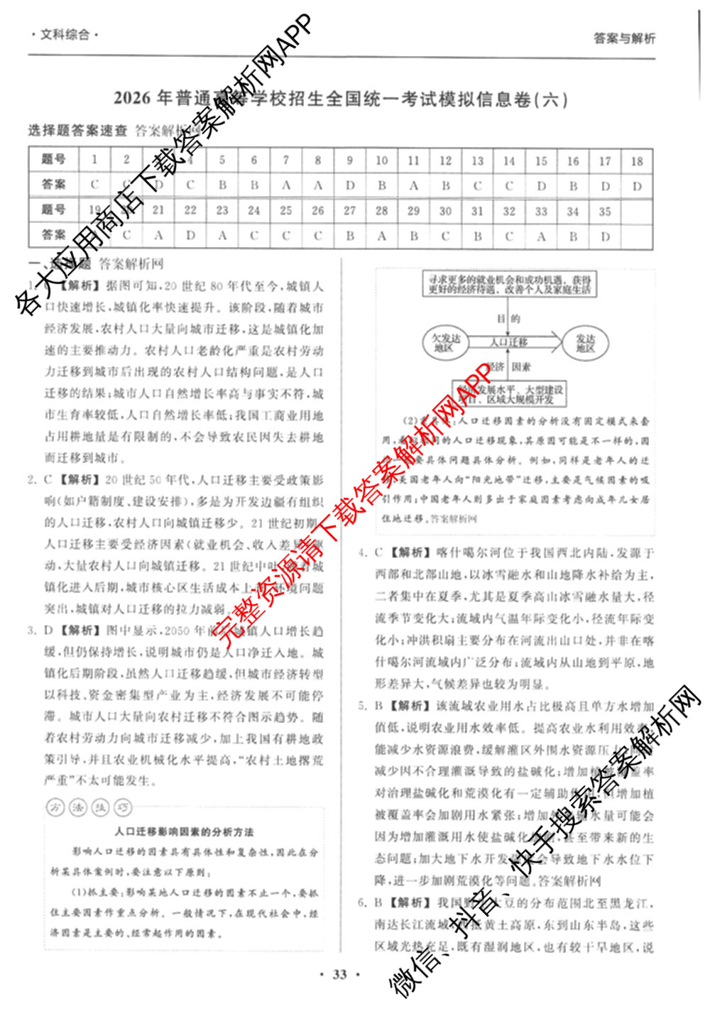 天舟高考衡中同卷2026年普通高等学校招生全国统一考试模拟信息卷(六)6（含化学(山东版)、政治(DB)、物理(山东版)等35份）文综答案