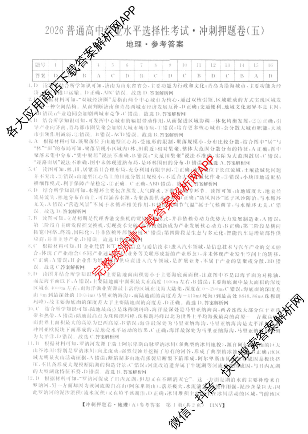 2026普通高等学校招生全国统一考试冲刺押题卷(五)5试卷及答案汇总(已更新数学(A)、政治(C)、地理(HNY)等16份)地理答案