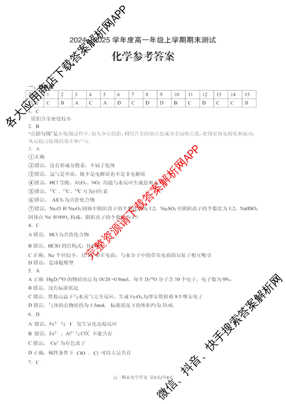 安徽省十联考合肥一中2024-2025学年度高一年级上学期期末测试各科答案及试卷（9科全）化学答案
