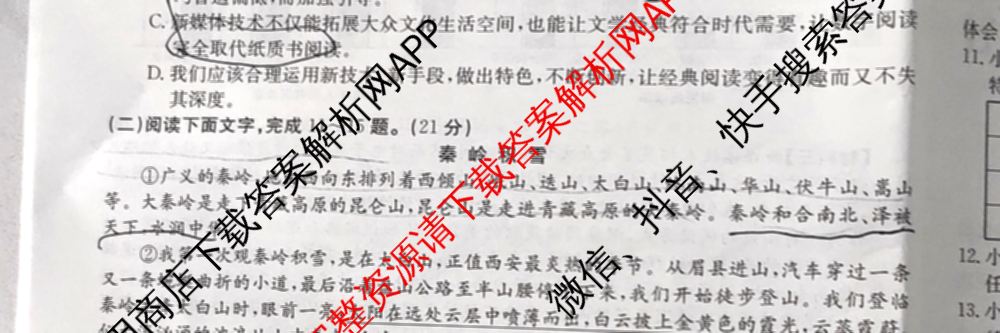 陕西省2024届九年级学业水模拟测试(A)[MNZX G SX]试卷及答案汇总（含化学、语文、物理等）语文试题