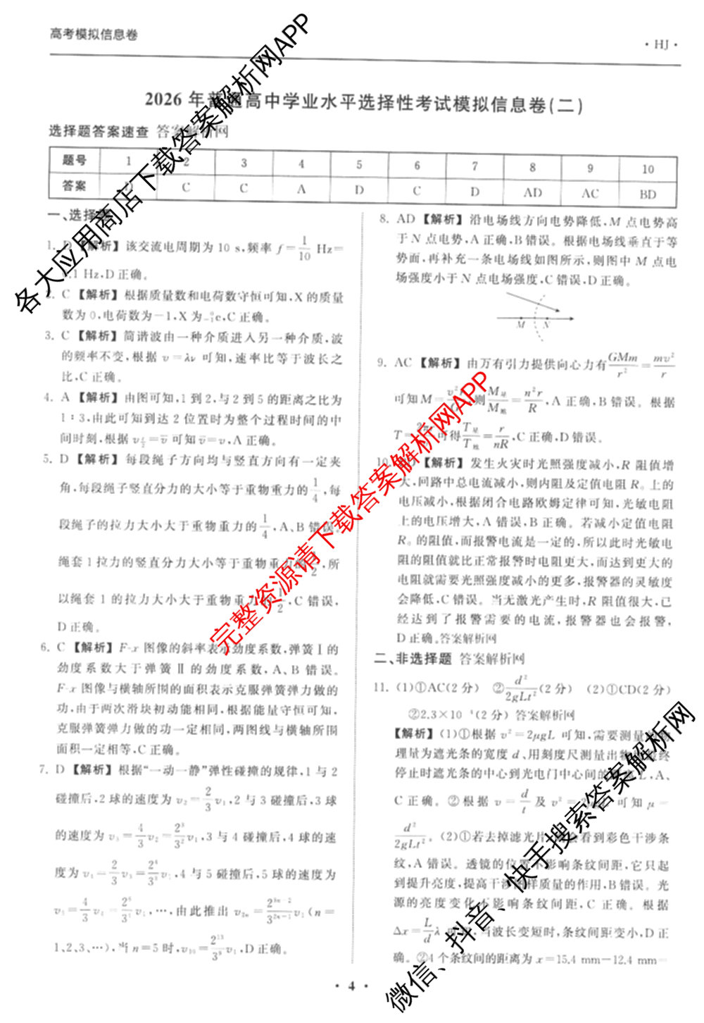 天舟高考衡中同卷2026年普通高等学校招生全国统一考试模拟信息卷(二)2试卷及答案汇总（含物理(山东版)、生物(WY)、语文(通用版)等34份）物理答案