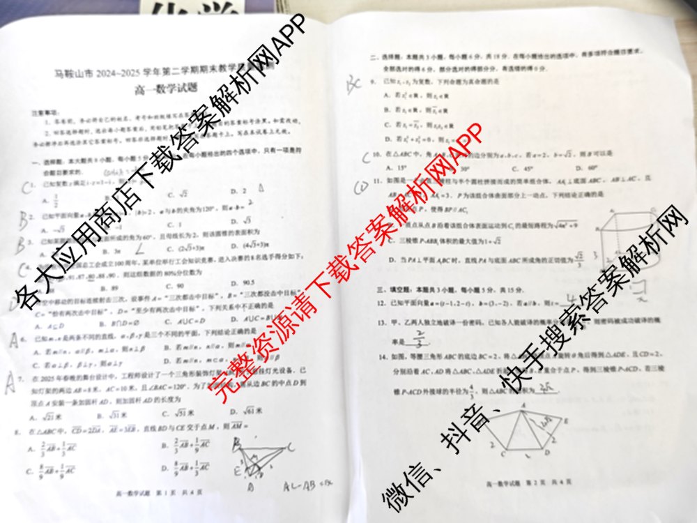 马鞍山市2024~2025学年第二学期期末教学质量监测高一各科答案及试卷: 含英语、地理、物理试卷解析数学试题