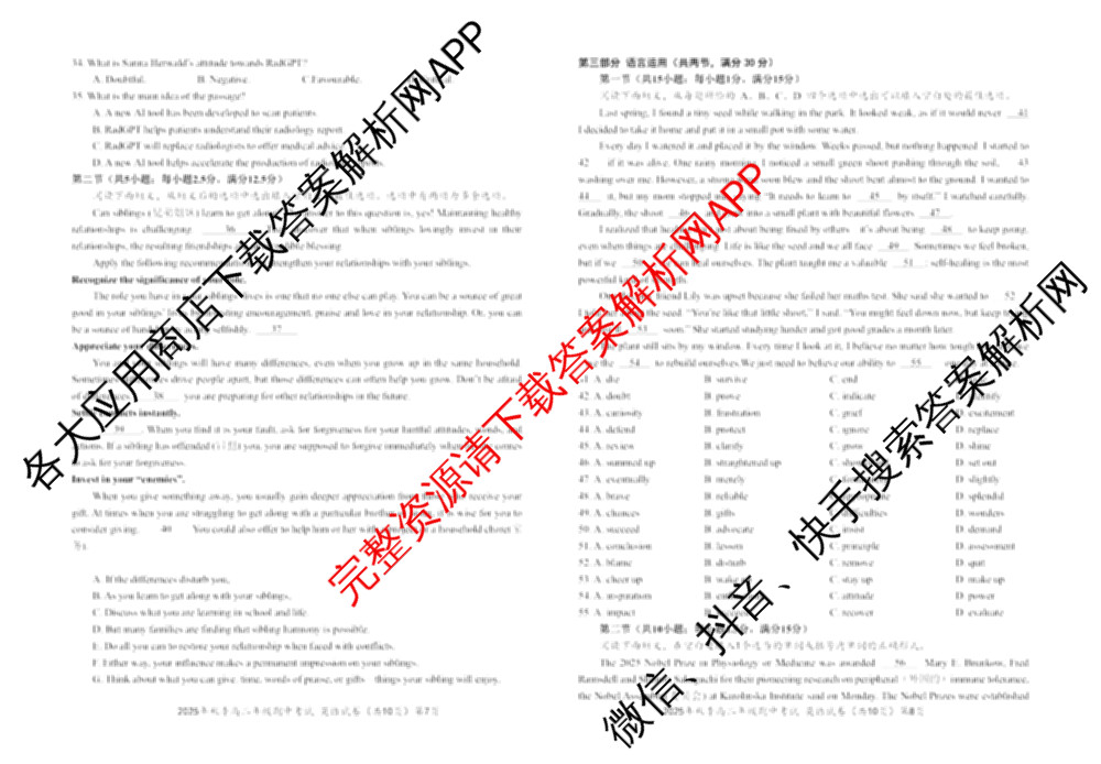 湖北省鄂东南2025年秋季高二年级期中考试（含地理、物理、英语等）英语试题