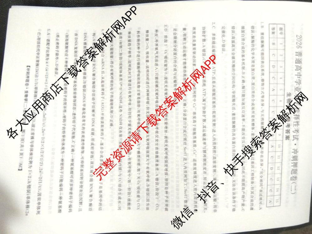 2026普通高等学校招生全国统一考试冲刺押题卷(二)2试卷及答案汇总（含物理 政治(C) 地理(C)等15份）生物答案