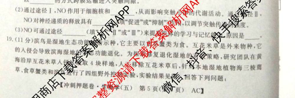 2026普通高等学校招生全国统一考试冲刺押题卷(五)5试卷及答案汇总(已更新数学(A)、政治(C)、地理(HNY)等16份)生物试题
