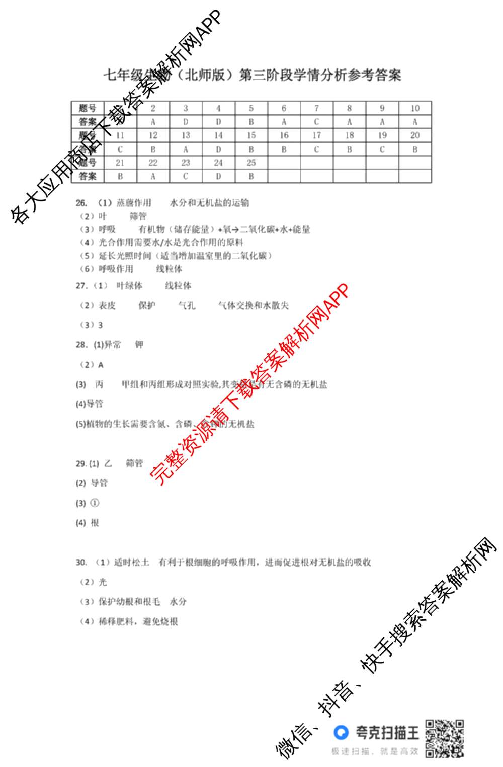 河北省2025-2026学年第一学期七年级第三阶段学情分析试卷及答案汇总（7科全）生物答案